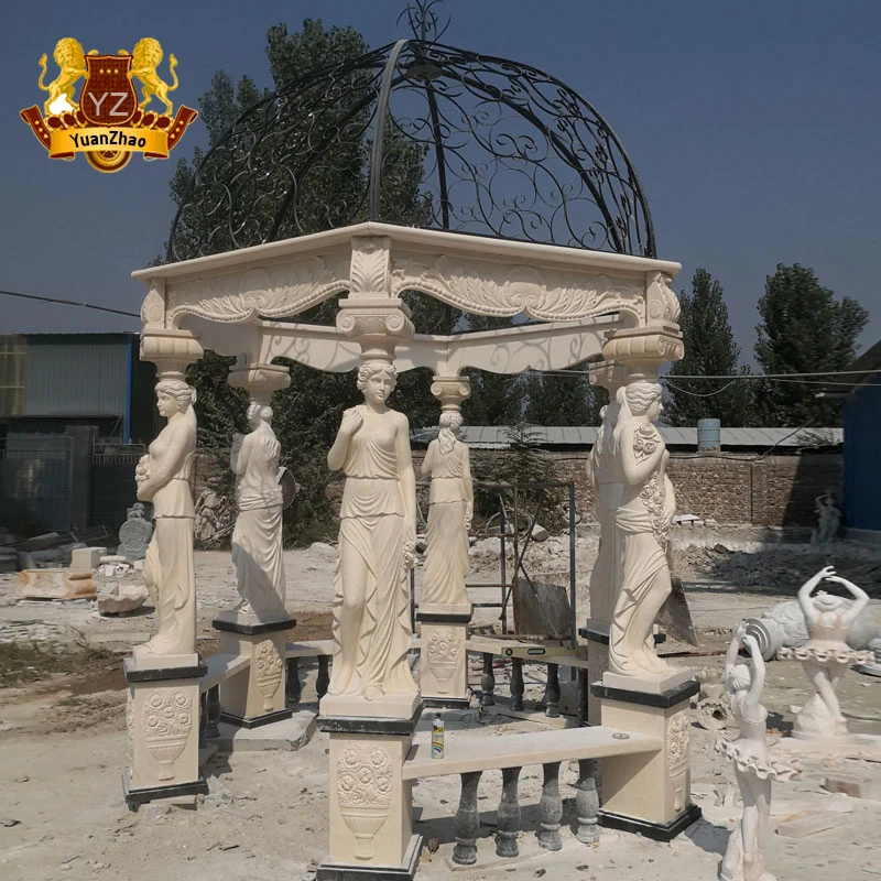 Garden Stone Gazebos White Marble Carving Gazebos with Lady Statues Column Pavilion