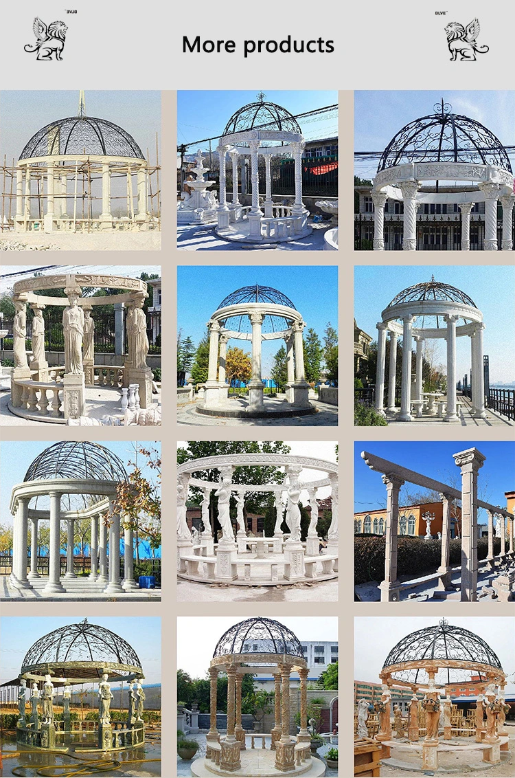 Factory Custom Outdoor Garden European Style White Marble Gazebo Metal Roof Natural Stone Pavilion