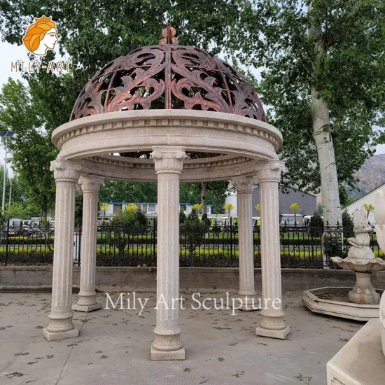 Maßgeschneiderte beige handgeschnitzte Outdoor-Gartendekoration, runder Pavillon aus Naturstein, Marmorsäule, Pavillon zur Dekoration